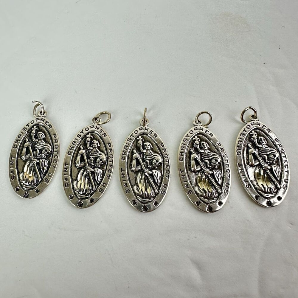 5 Oval Saint St. Christopher Protect Us Sterling Silver Religious Medal Pendants